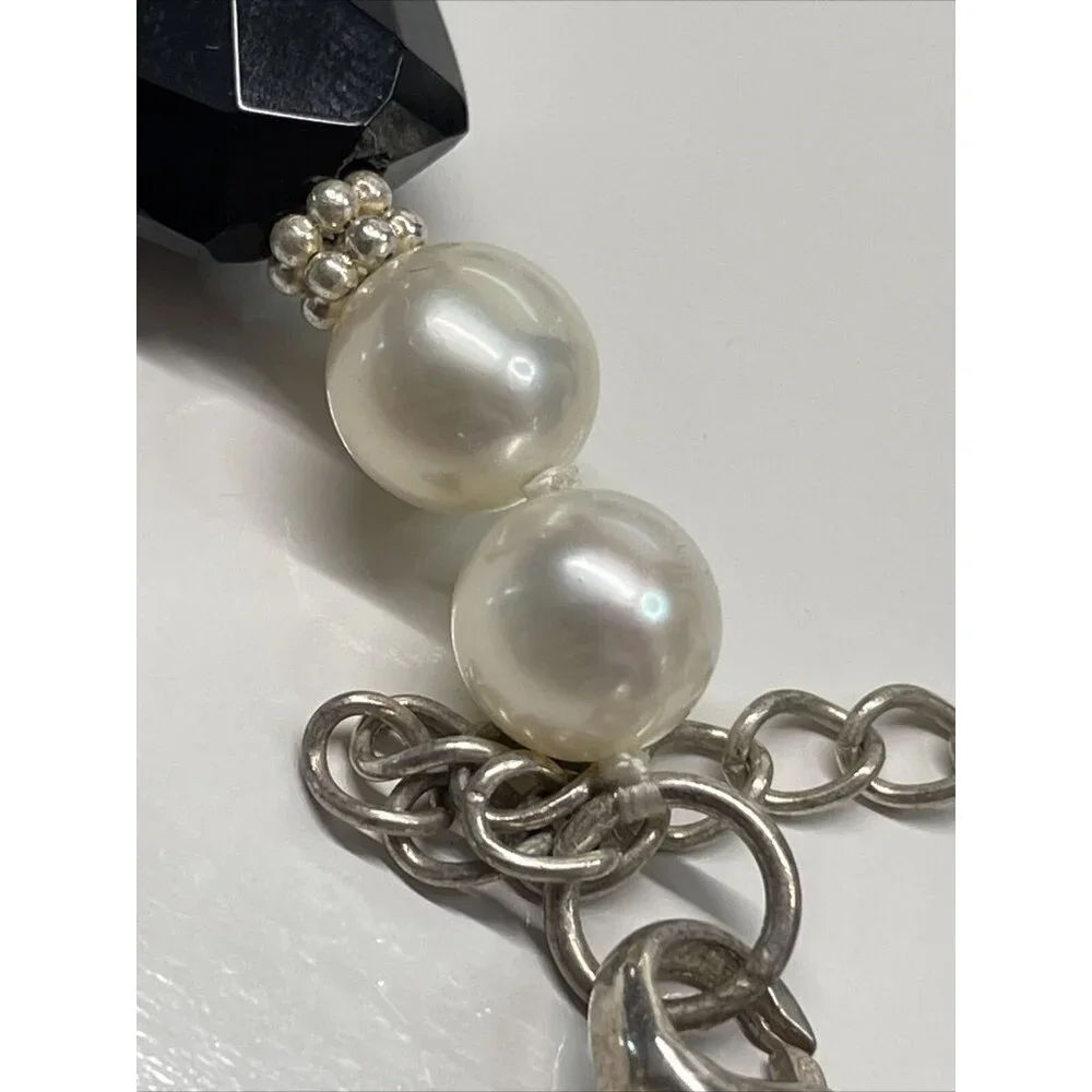 Lucas Lamenth black Faceted Glass Pearl Natural Stone Necklace LUC‎ 925 AL4.2